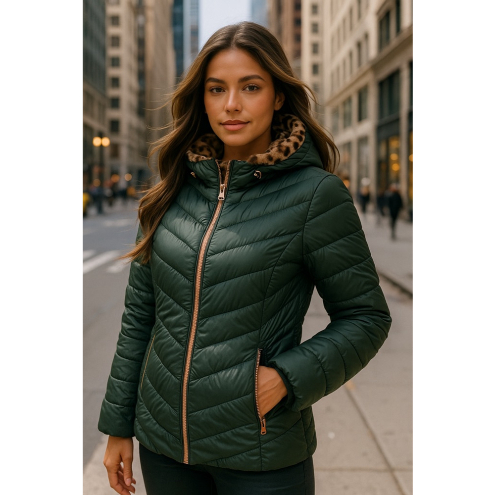 Big Chill Quilted Down Coat Dark Green Leopard Faux Fur Hood Streetwear City Y2K